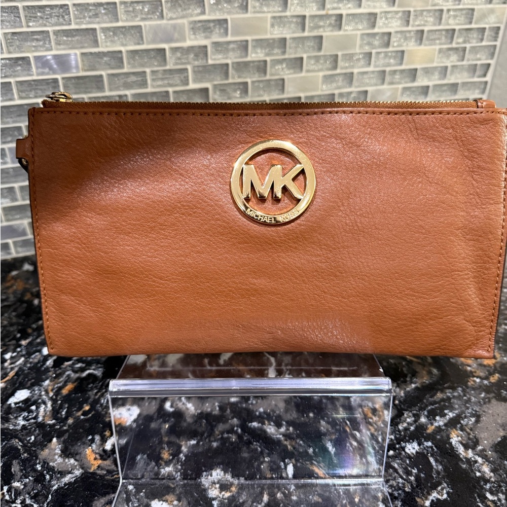 Michael Kors Tan Clutch /Wristlet with Gold Logo